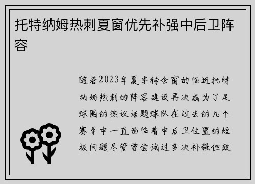 托特纳姆热刺夏窗优先补强中后卫阵容